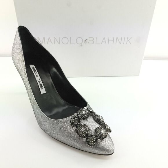 Manolo Blahnik Metallic Silver Hangisi 80 mm Notturno SZ 38 Pointy Glitter $1085